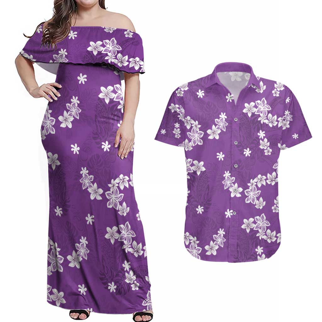 Hawaii Monstera Deliciosa Couples Matching Off Shoulder Maxi Dress and Hawaiian Shirt Purple Plumeria Polynesian Pattern LT05 Purple - Polynesian Pride
