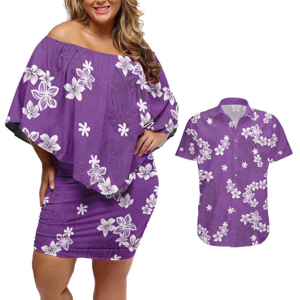 Hawaii Monstera Deliciosa Couples Matching Off Shoulder Short Dress and Hawaiian Shirt Purple Plumeria Polynesian Pattern LT05 Purple - Polynesian Pride