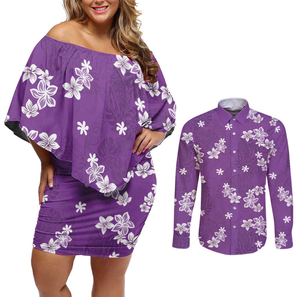 Hawaii Monstera Deliciosa Couples Matching Off Shoulder Short Dress and Long Sleeve Button Shirt Purple Plumeria Polynesian Pattern LT05 Purple - Polynesian Pride