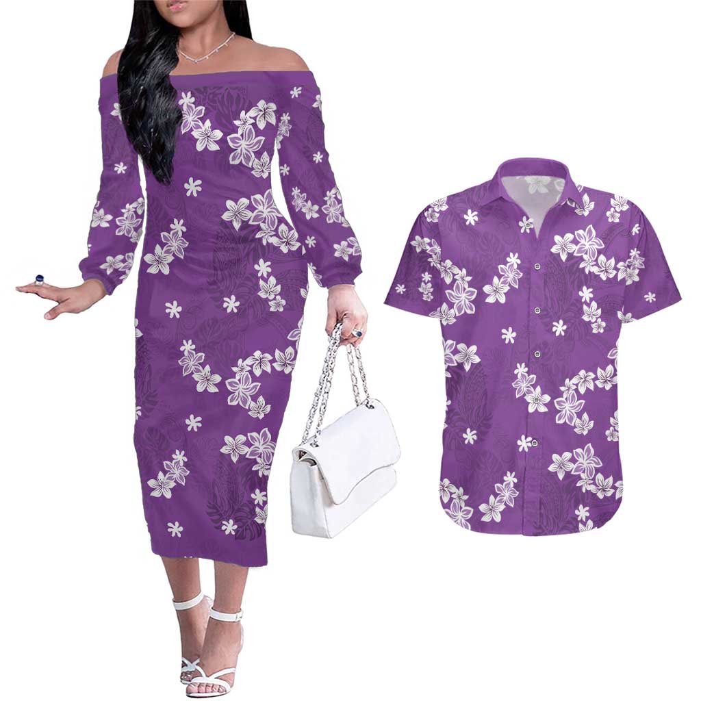 Hawaii Monstera Deliciosa Couples Matching Off The Shoulder Long Sleeve Dress and Hawaiian Shirt Purple Plumeria Polynesian Pattern LT05 Purple - Polynesian Pride