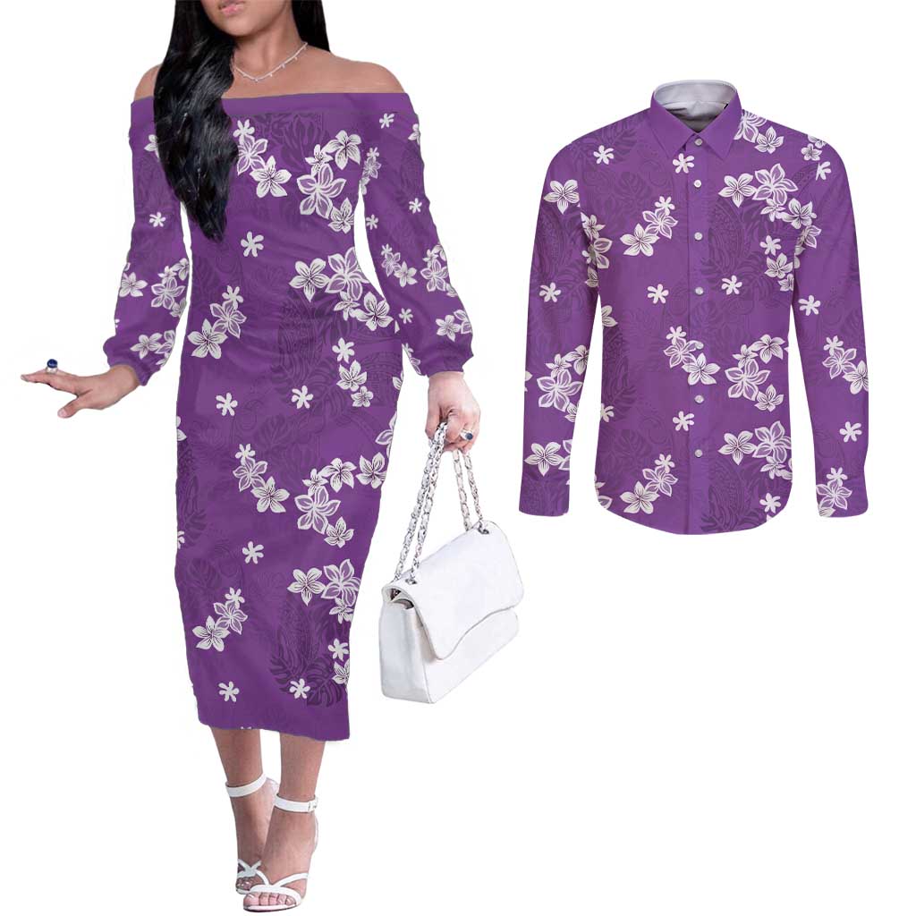 Hawaii Monstera Deliciosa Couples Matching Off The Shoulder Long Sleeve Dress and Long Sleeve Button Shirt Purple Plumeria Polynesian Pattern LT05 Purple - Polynesian Pride