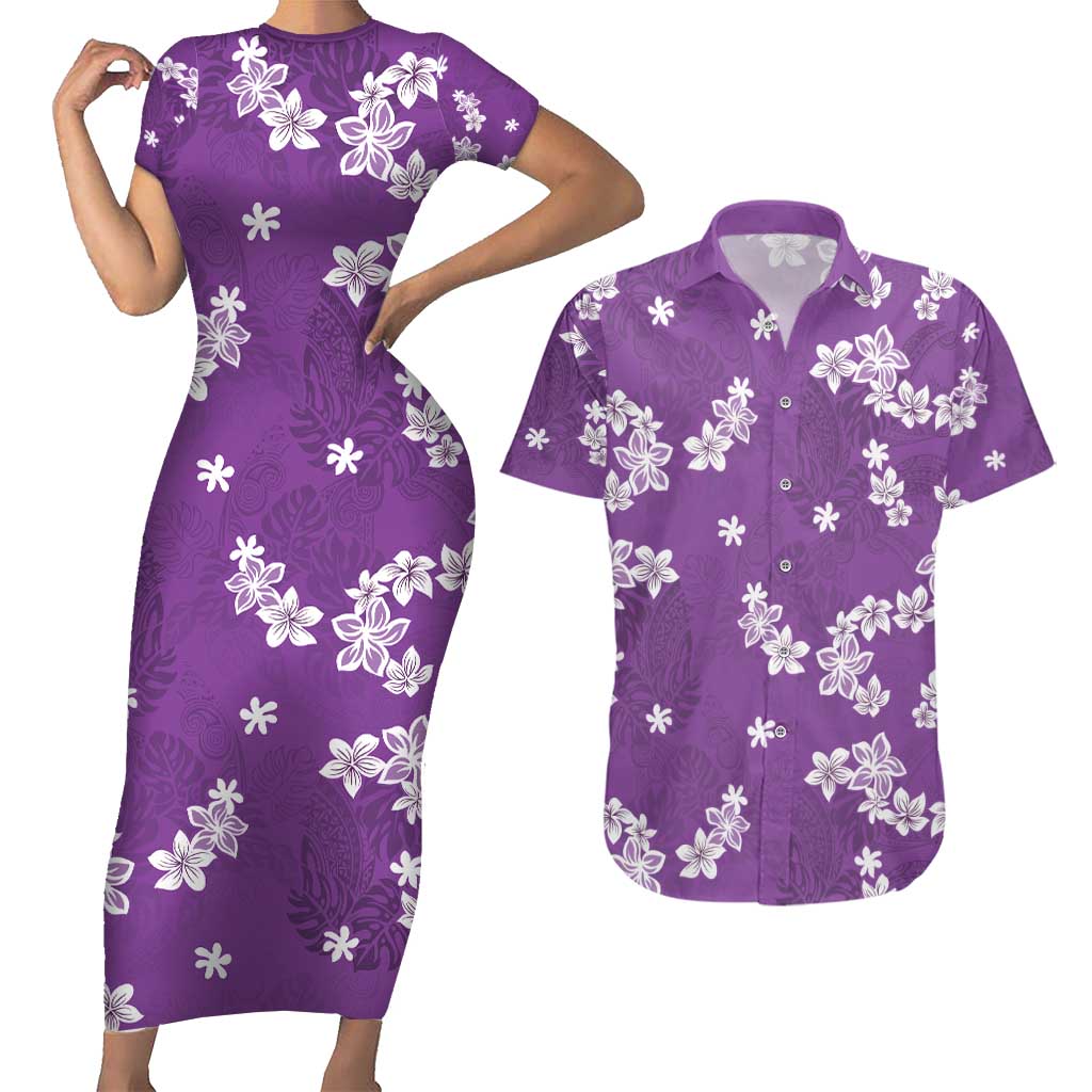 Hawaii Monstera Deliciosa Couples Matching Short Sleeve Bodycon Dress and Hawaiian Shirt Purple Plumeria Polynesian Pattern LT05 Purple - Polynesian Pride