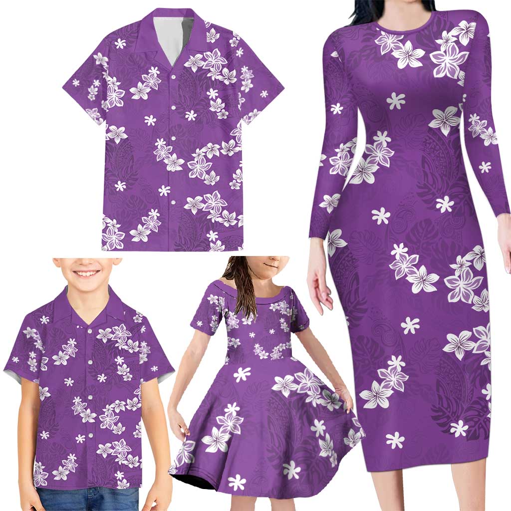 Hawaii Monstera Deliciosa Family Matching Long Sleeve Bodycon Dress and Hawaiian Shirt Purple Plumeria Polynesian Pattern LT05 - Polynesian Pride