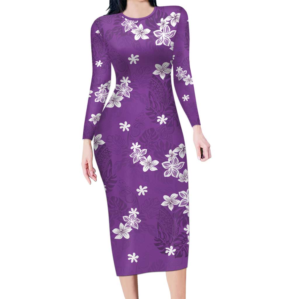 Hawaii Monstera Deliciosa Family Matching Long Sleeve Bodycon Dress and Hawaiian Shirt Purple Plumeria Polynesian Pattern LT05 Mom's Dress Purple - Polynesian Pride