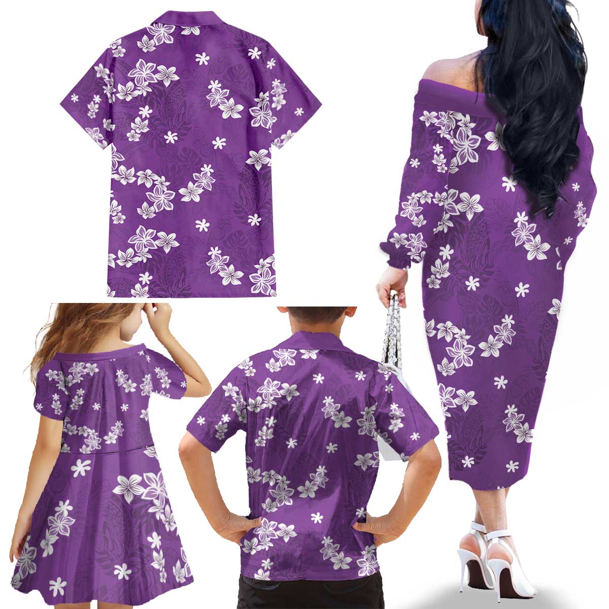 Hawaii Monstera Deliciosa Family Matching Off The Shoulder Long Sleeve Dress and Hawaiian Shirt Purple Plumeria Polynesian Pattern LT05 - Polynesian Pride