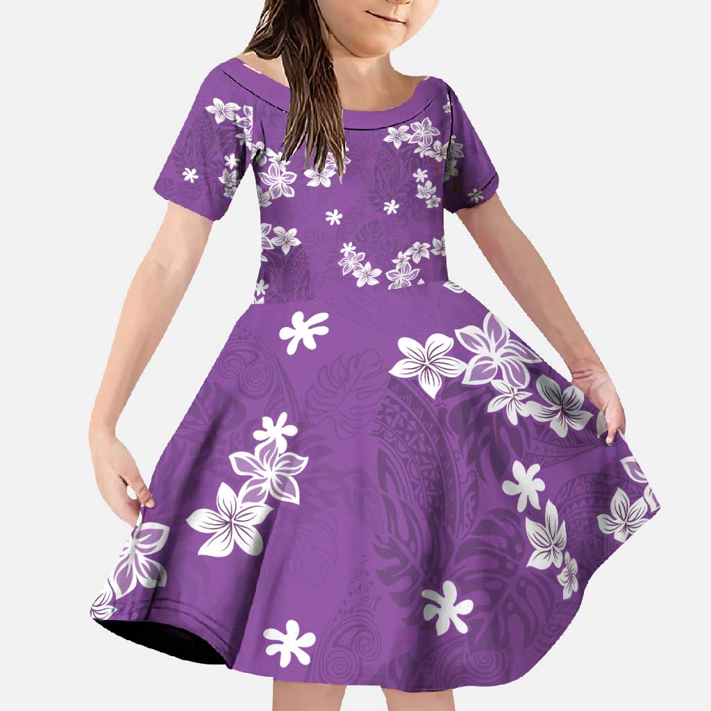 Hawaii Monstera Deliciosa Family Matching Off Shoulder Maxi Dress and Hawaiian Shirt Purple Plumeria Polynesian Pattern LT05 Daughter's Dress Purple - Polynesian Pride