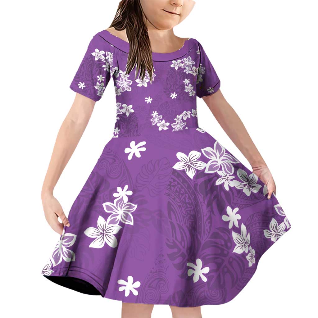 Hawaii Monstera Deliciosa Family Matching Off Shoulder Short Dress and Hawaiian Shirt Purple Plumeria Polynesian Pattern LT05 Daughter's Dress Purple - Polynesian Pride