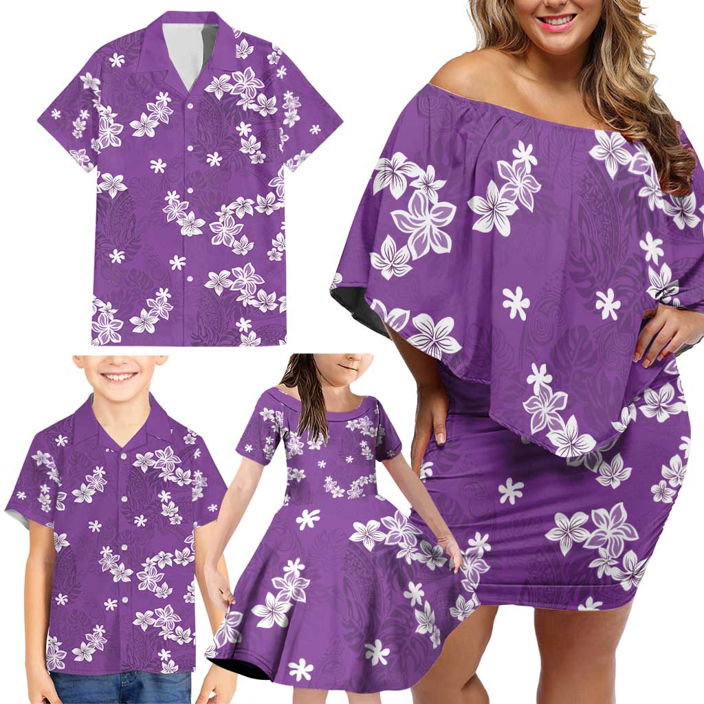 Hawaii Monstera Deliciosa Family Matching Off Shoulder Short Dress and Hawaiian Shirt Purple Plumeria Polynesian Pattern LT05 - Polynesian Pride