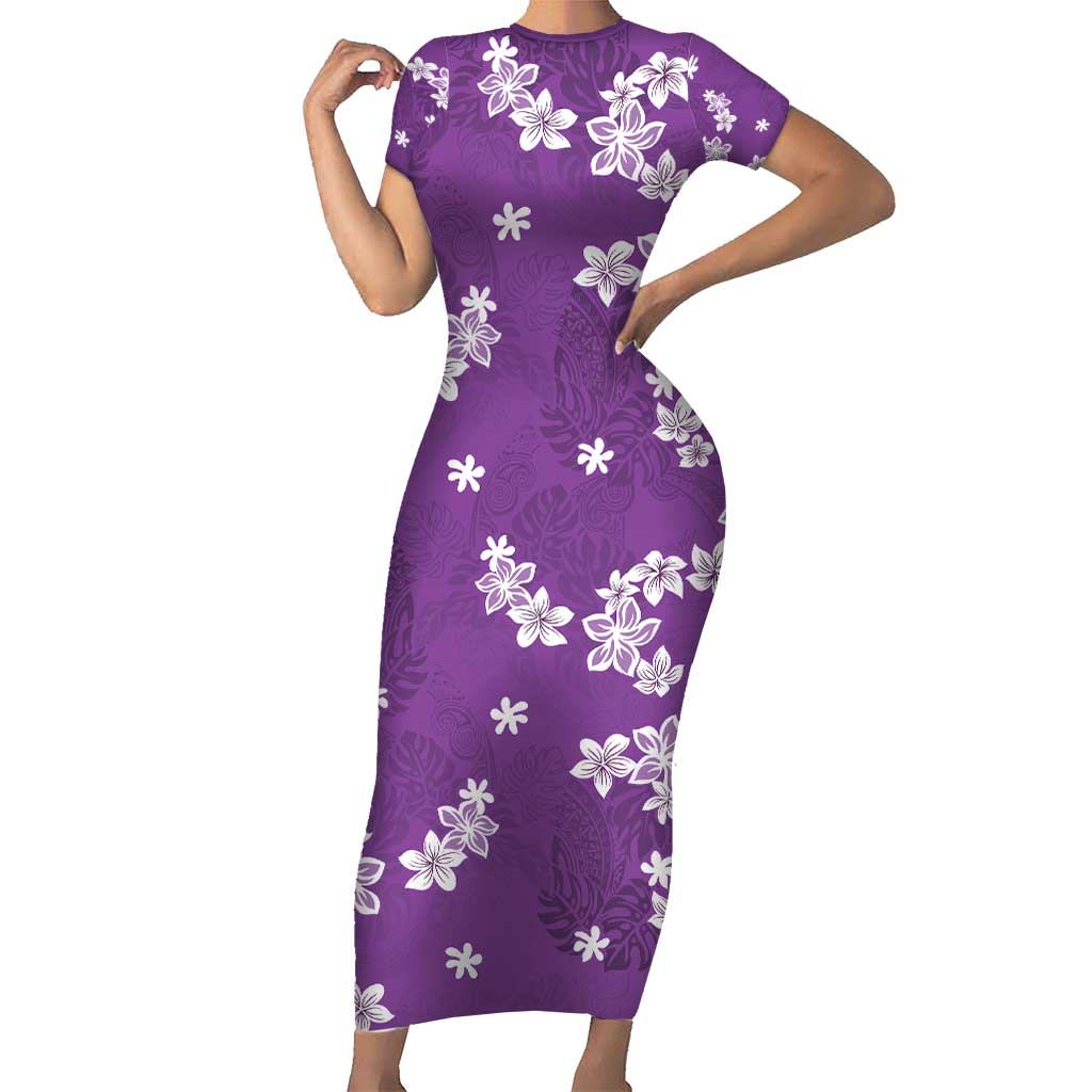 Hawaii Monstera Deliciosa Family Matching Short Sleeve Bodycon Dress and Hawaiian Shirt Purple Plumeria Polynesian Pattern LT05 Mom's Dress Purple - Polynesian Pride