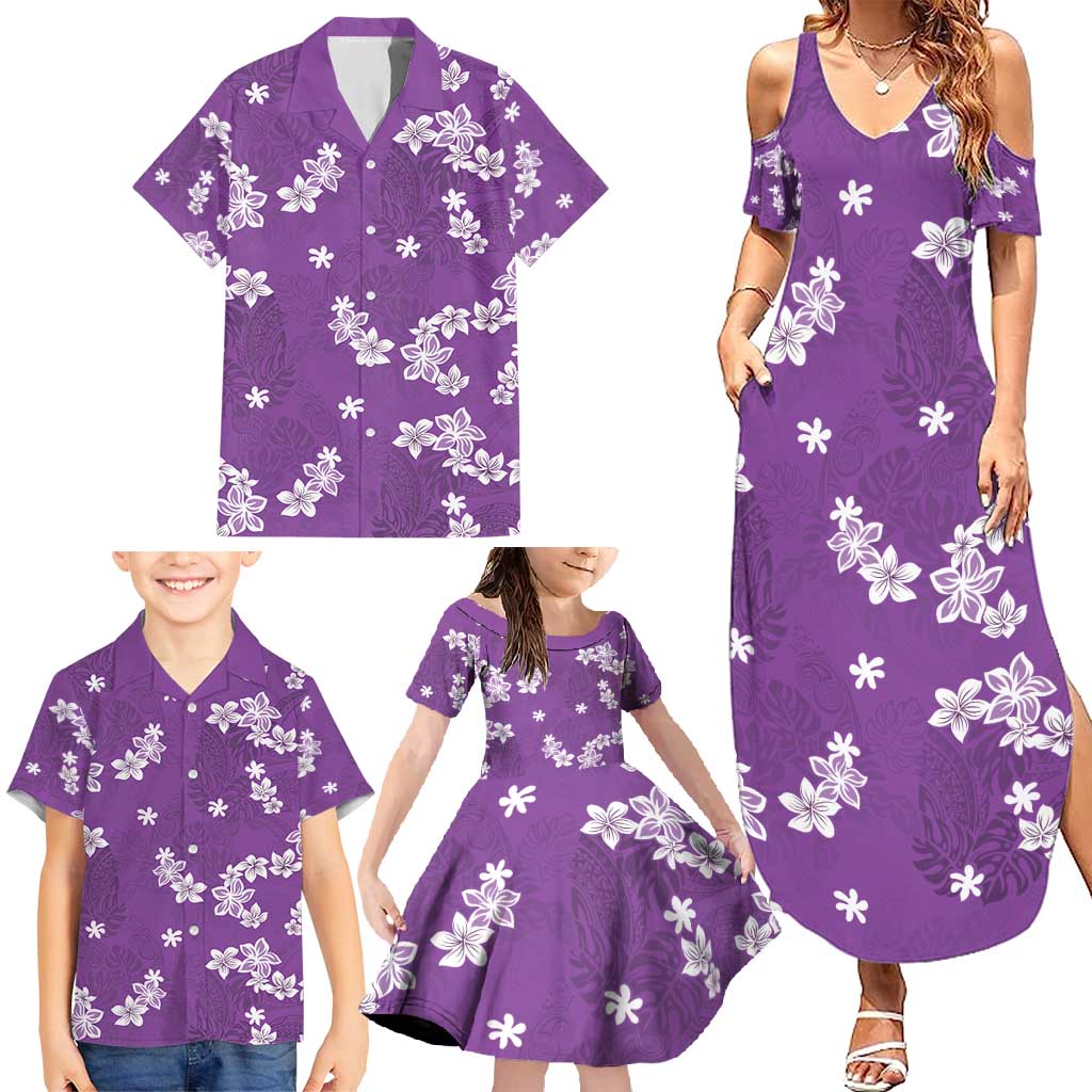 Hawaii Monstera Deliciosa Family Matching Summer Maxi Dress and Hawaiian Shirt Purple Plumeria Polynesian Pattern LT05 - Polynesian Pride