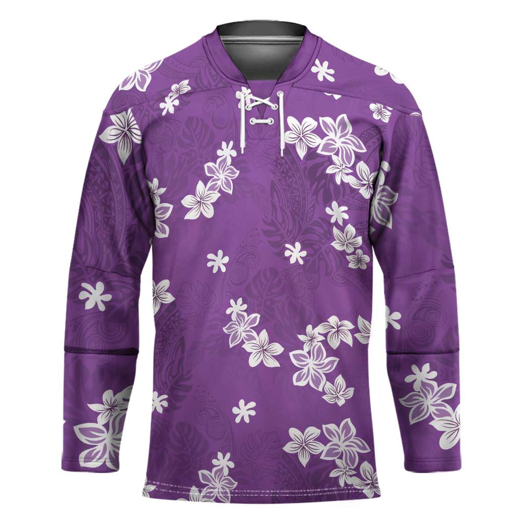 Hawaii Monstera Deliciosa Hockey Jersey Purple Plumeria Polynesian Pattern - Polynesian Pride