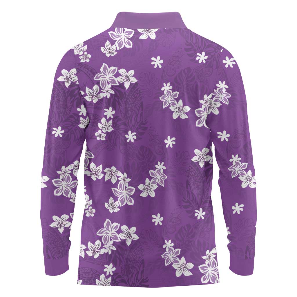 Hawaii Monstera Deliciosa Long Sleeve Polo Shirt Purple Plumeria Polynesian Pattern LT05 - Polynesian Pride