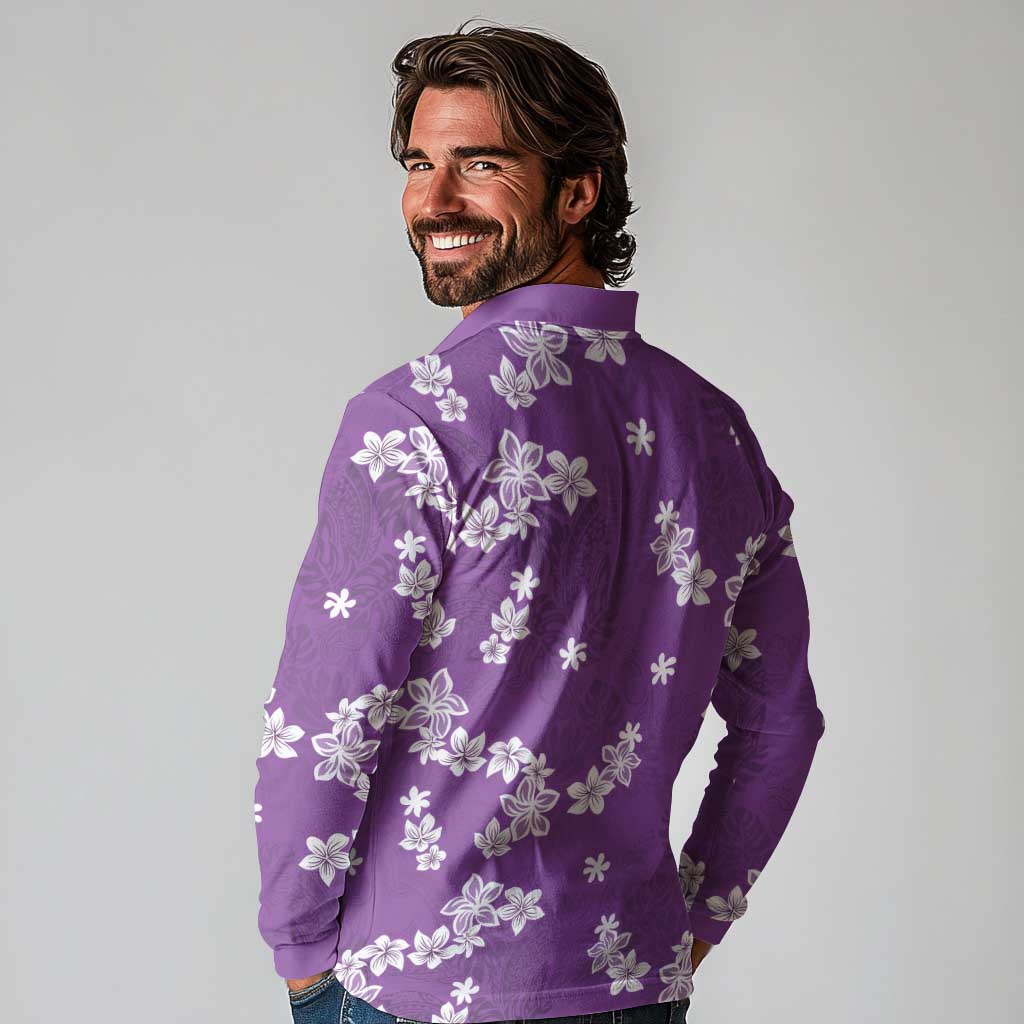 Hawaii Monstera Deliciosa Long Sleeve Polo Shirt Purple Plumeria Polynesian Pattern LT05 - Polynesian Pride
