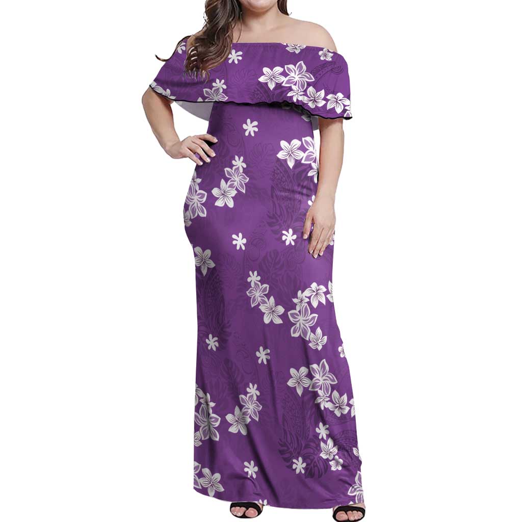 Hawaii Monstera Deliciosa Off Shoulder Maxi Dress Purple Plumeria Polynesian Pattern - Polynesian Pride