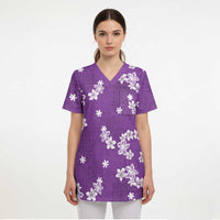 Hawaii Monstera Deliciosa Scrub Top Purple Plumeria Polynesian Pattern - Polynesian Pride