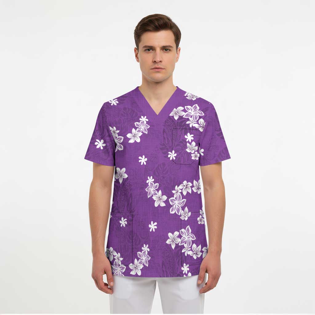 Hawaii Monstera Deliciosa Scrub Top Purple Plumeria Polynesian Pattern - Polynesian Pride
