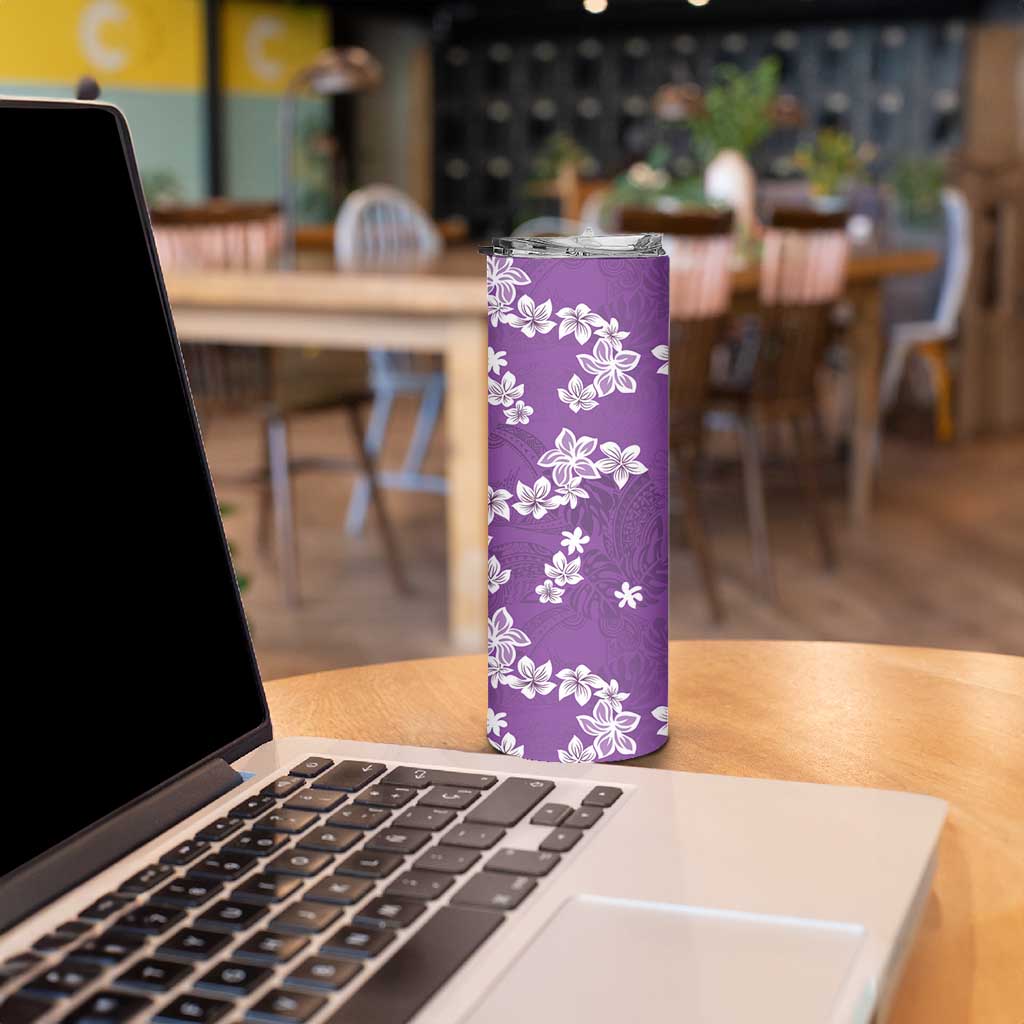 Hawaii Monstera Deliciosa Skinny Tumbler Purple Plumeria Polynesian Pattern - Polynesian Pride