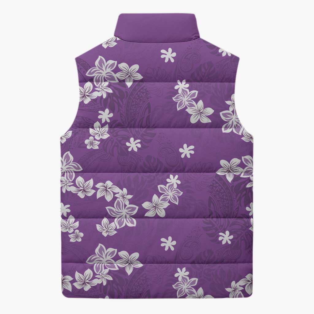 Hawaii Monstera Deliciosa Sleeveless Puffer Jacket Purple Plumeria Polynesian Pattern - Polynesian Pride