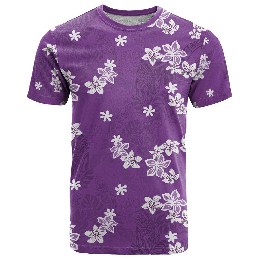 Hawaii Monstera Deliciosa T Shirt Purple Plumeria Polynesian Pattern - Polynesian Pride