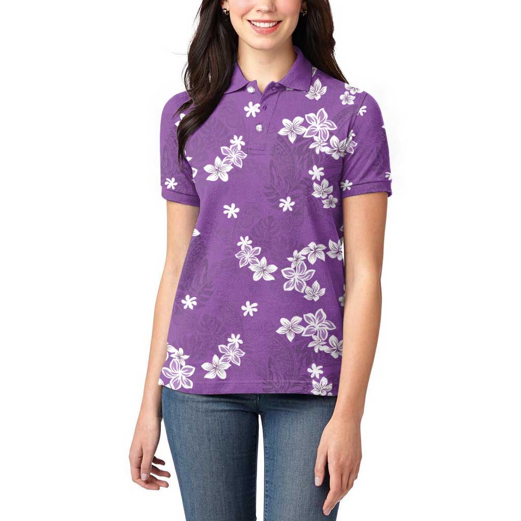 Hawaii Monstera Deliciosa Women Polo Shirt Purple Plumeria Polynesian Pattern LT05 - Polynesian Pride