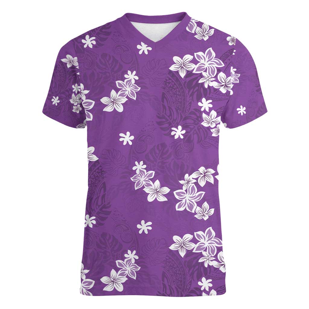 Hawaii Monstera Deliciosa Women V-Neck T-Shirt Purple Plumeria Polynesian Pattern - Polynesian Pride