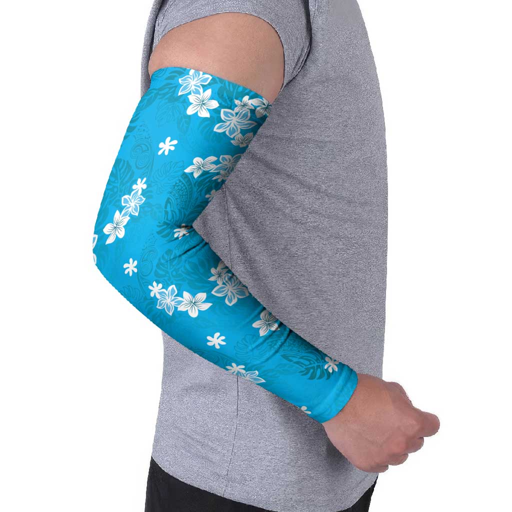 Hawaii Monstera Deliciosa Arm Sleeves Blue Plumeria Polynesian Pattern - Polynesian Pride