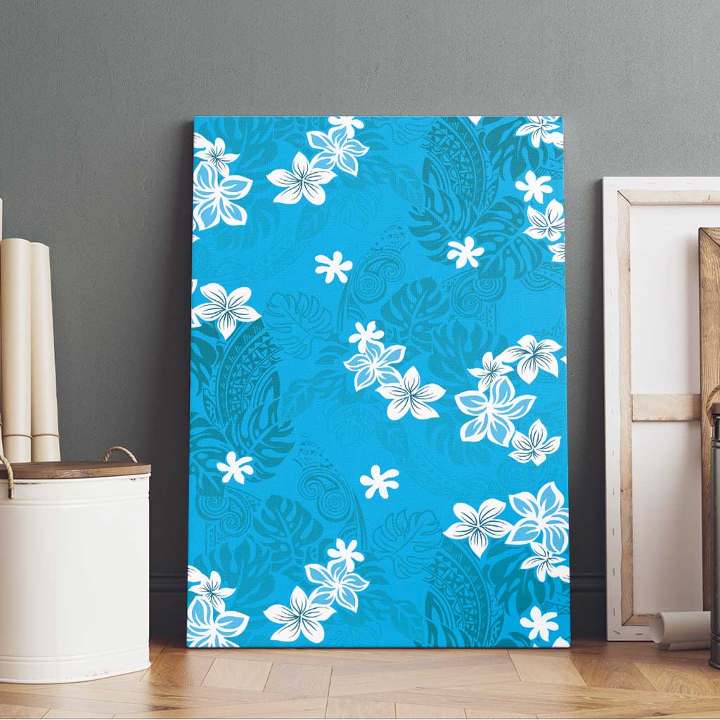 Hawaii Monstera Deliciosa Canvas Wall Art Blue Plumeria Polynesian Pattern - Polynesian Pride