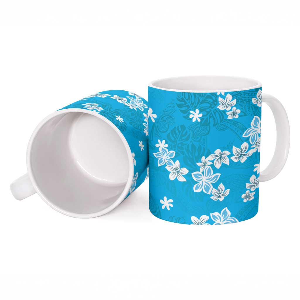 Hawaii Monstera Deliciosa Ceramic Mug Blue Plumeria Polynesian Pattern - Polynesian Pride