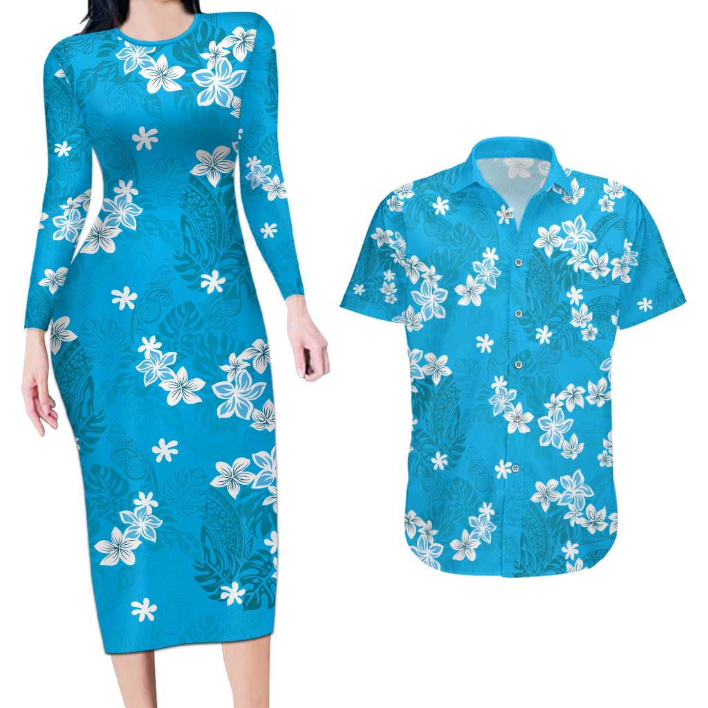 Hawaii Monstera Deliciosa Couples Matching Long Sleeve Bodycon Dress and Hawaiian Shirt Blue Plumeria Polynesian Pattern LT05 Blue - Polynesian Pride