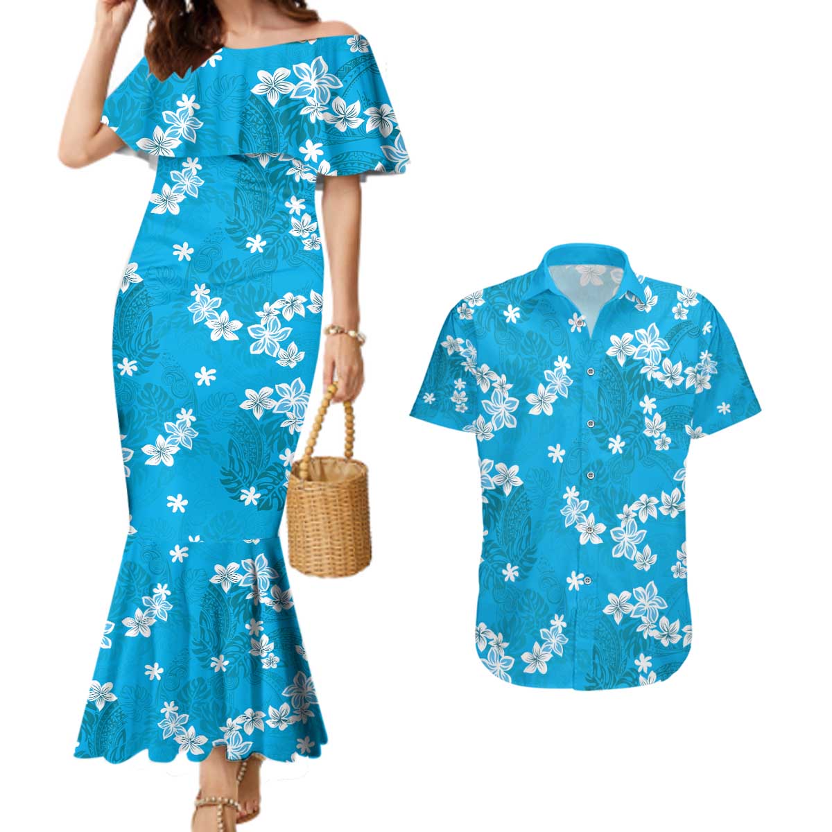Hawaii Monstera Deliciosa Couples Matching Mermaid Dress and Hawaiian Shirt Blue Plumeria Polynesian Pattern LT05 Blue - Polynesian Pride