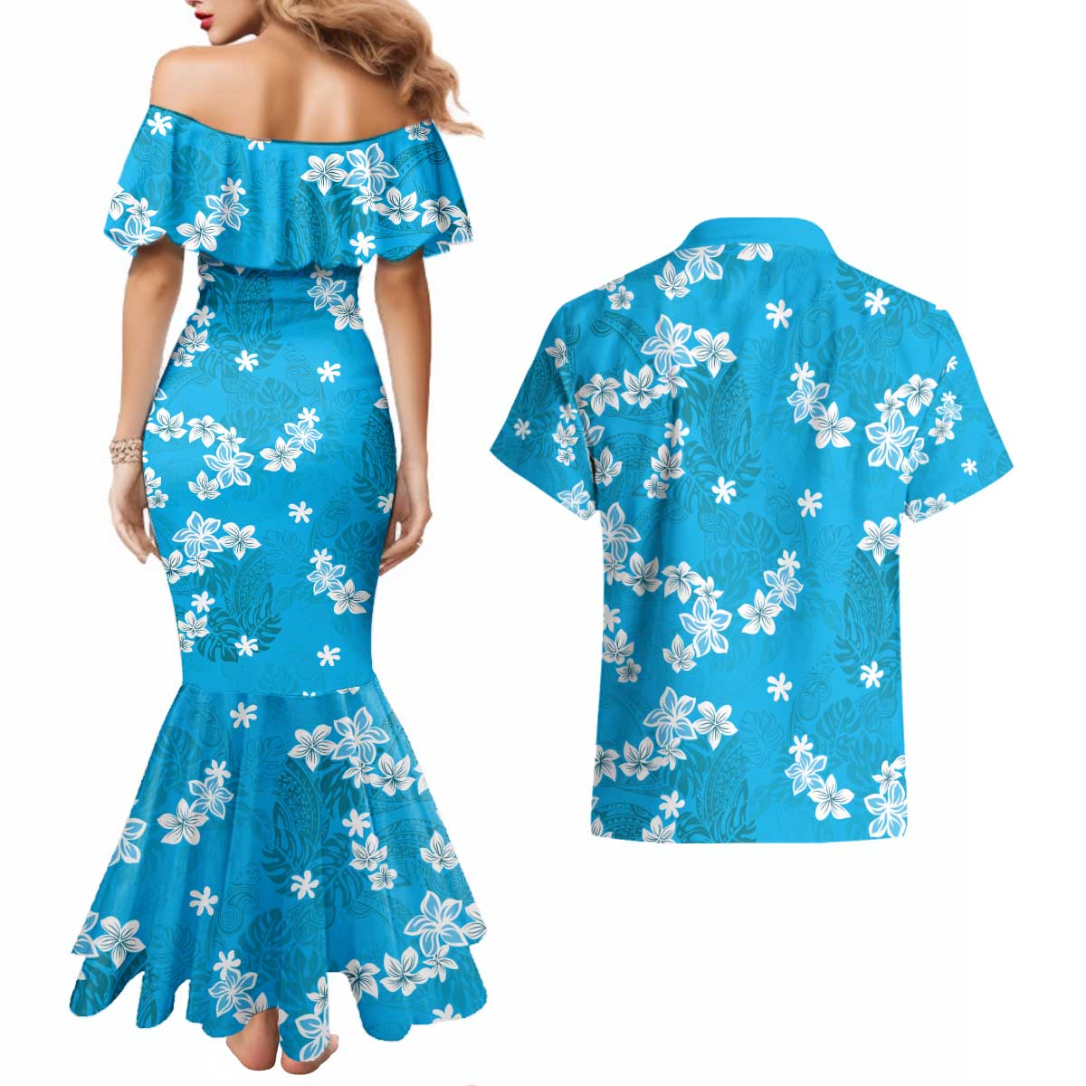 Hawaii Monstera Deliciosa Couples Matching Mermaid Dress and Hawaiian Shirt Blue Plumeria Polynesian Pattern LT05 - Polynesian Pride