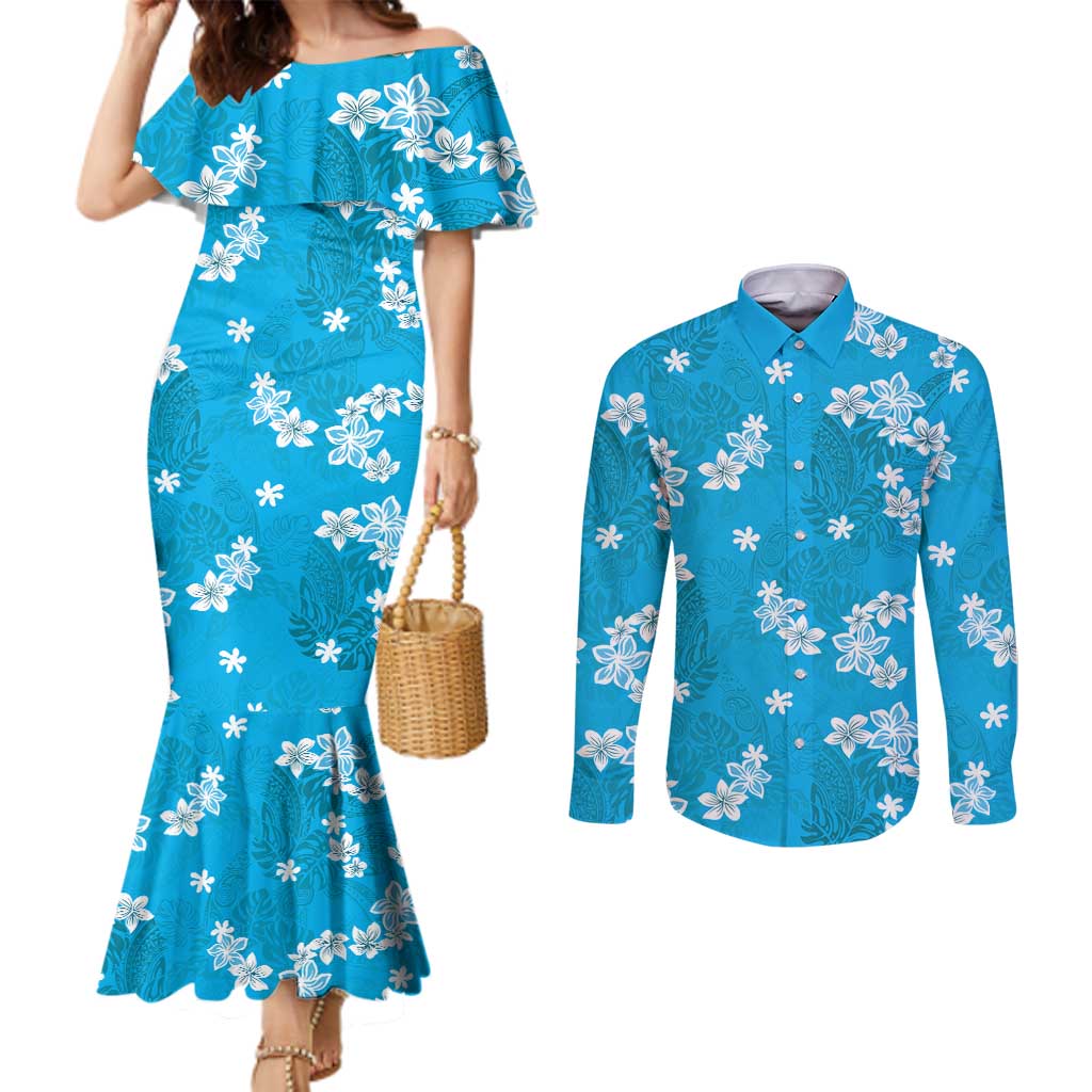 Hawaii Monstera Deliciosa Couples Matching Mermaid Dress and Long Sleeve Button Shirt Blue Plumeria Polynesian Pattern - Polynesian Pride