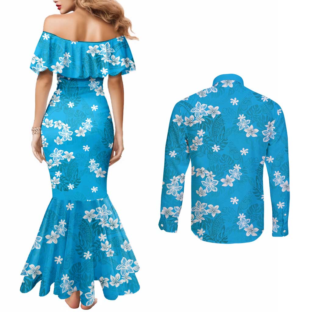 Hawaii Monstera Deliciosa Couples Matching Mermaid Dress and Long Sleeve Button Shirt Blue Plumeria Polynesian Pattern - Polynesian Pride