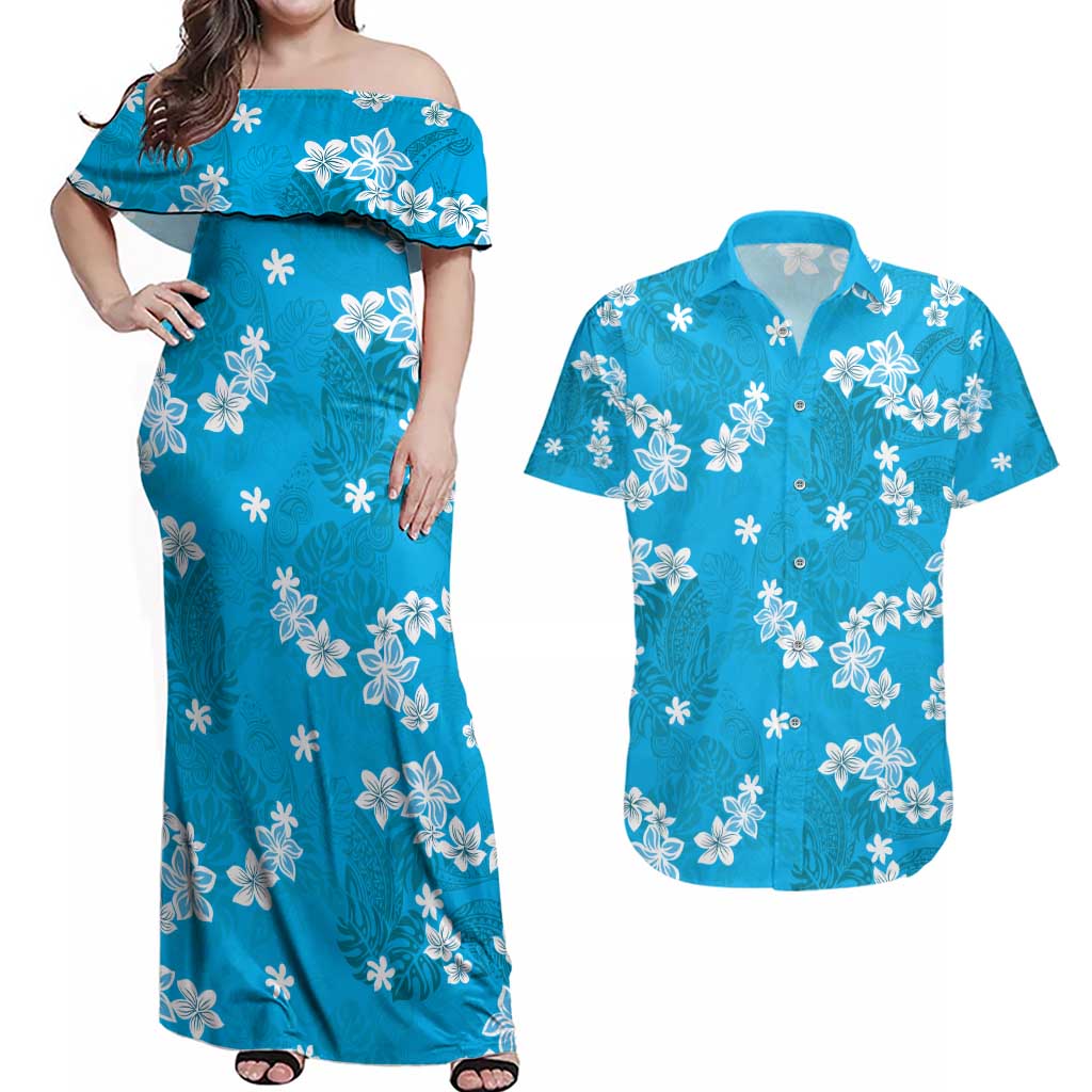 Hawaii Monstera Deliciosa Couples Matching Off Shoulder Maxi Dress and Hawaiian Shirt Blue Plumeria Polynesian Pattern LT05 Blue - Polynesian Pride