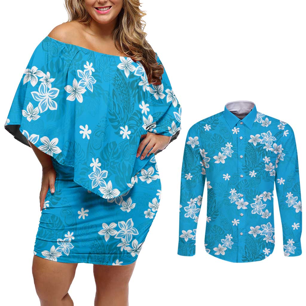 Hawaii Monstera Deliciosa Couples Matching Off Shoulder Short Dress and Long Sleeve Button Shirt Blue Plumeria Polynesian Pattern LT05 Blue - Polynesian Pride