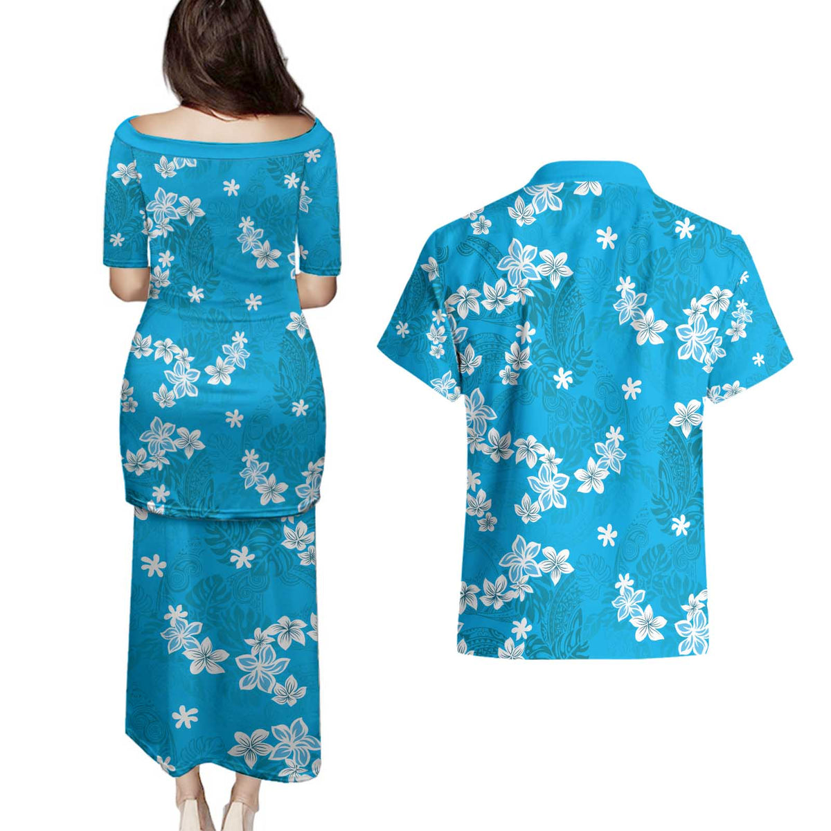Hawaii Monstera Deliciosa Couples Matching Puletasi and Hawaiian Shirt Blue Plumeria Polynesian Pattern - Polynesian Pride