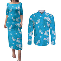 Hawaii Monstera Deliciosa Couples Matching Puletasi and Long Sleeve Button Shirt Blue Plumeria Polynesian Pattern - Polynesian Pride