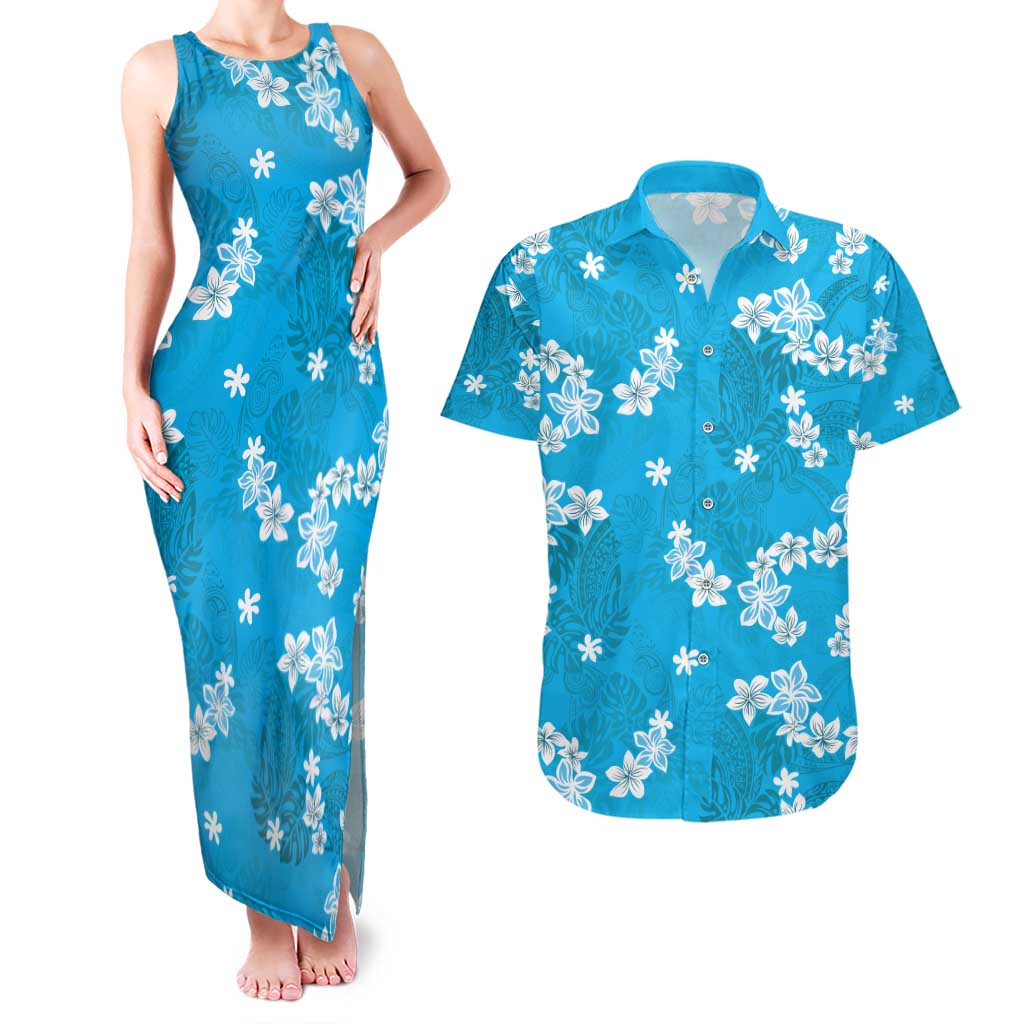 Hawaii Monstera Deliciosa Couples Matching Tank Maxi Dress and Hawaiian Shirt Blue Plumeria Polynesian Pattern - Polynesian Pride
