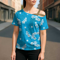 Hawaii Monstera Deliciosa Cross Shoulder Shirt Blue Plumeria Polynesian Pattern - Polynesian Pride