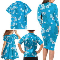 Hawaii Monstera Deliciosa Family Matching Long Sleeve Bodycon Dress and Hawaiian Shirt Blue Plumeria Polynesian Pattern LT05 - Polynesian Pride