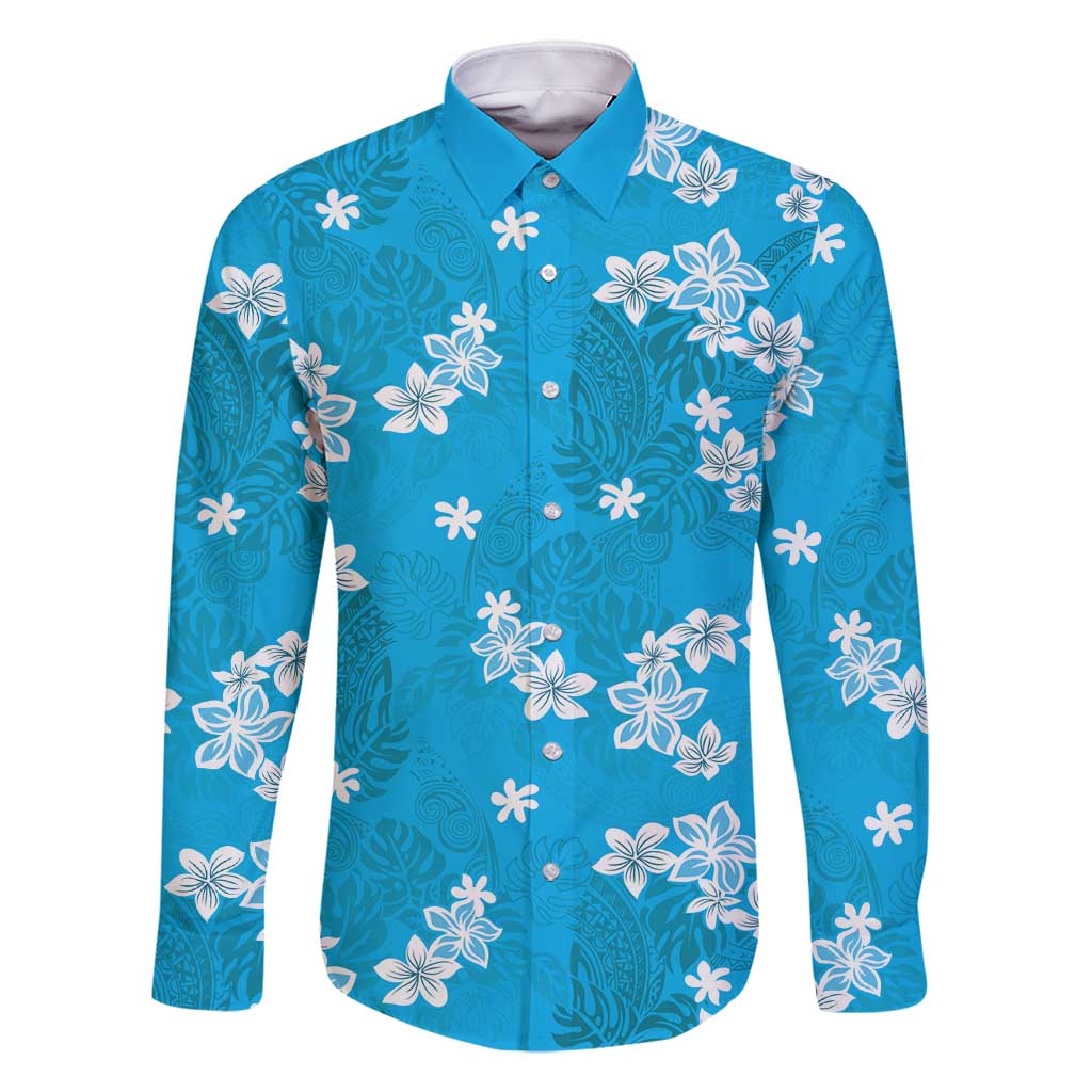 Hawaii Monstera Deliciosa Family Matching Long Sleeve Bodycon Dress and Hawaiian Shirt Blue Plumeria Polynesian Pattern LT05 Dad's Shirt - Long Sleeve Blue - Polynesian Pride