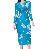 Hawaii Monstera Deliciosa Family Matching Long Sleeve Bodycon Dress and Hawaiian Shirt Blue Plumeria Polynesian Pattern LT05 Mom's Dress Blue - Polynesian Pride