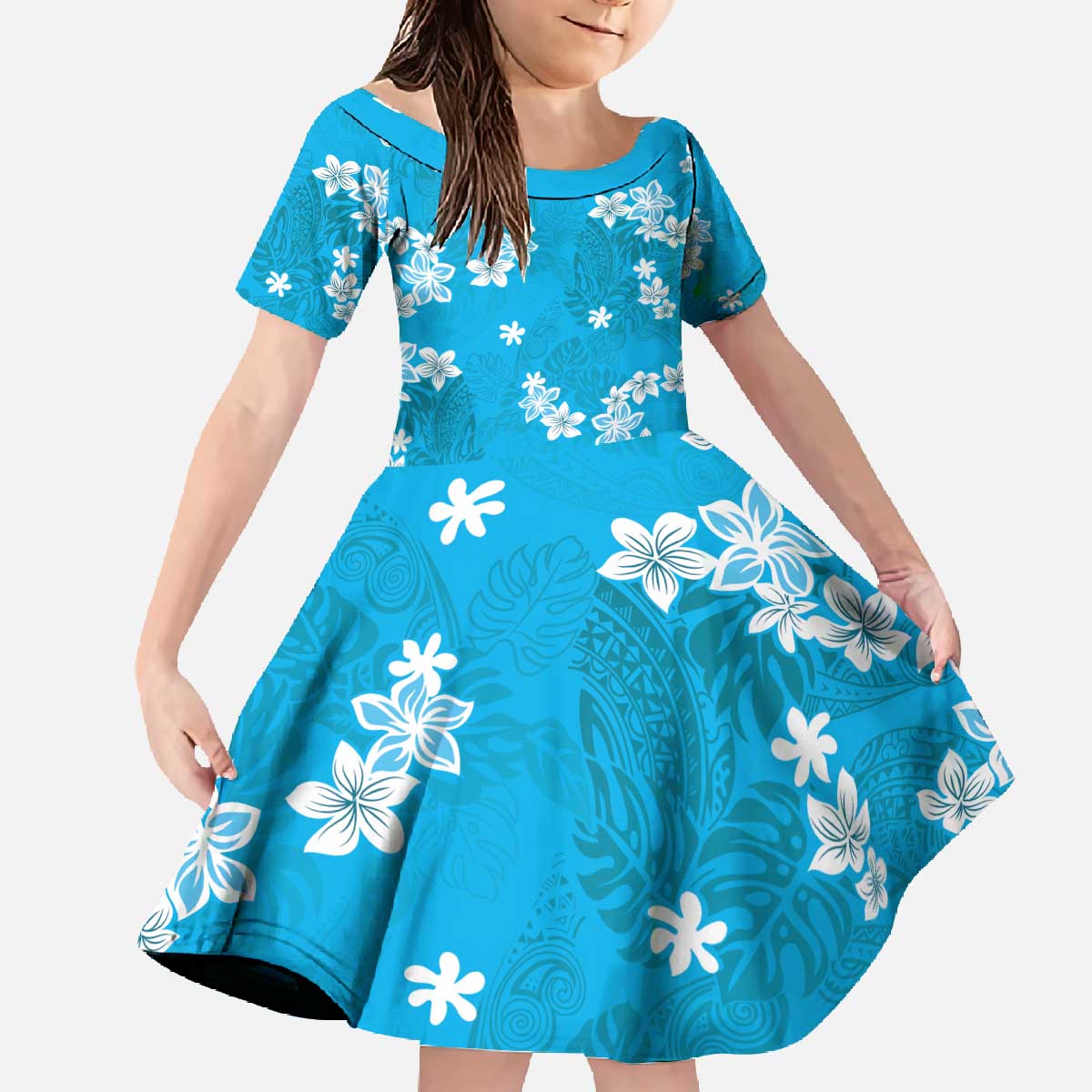 Hawaii Monstera Deliciosa Family Matching Off The Shoulder Long Sleeve Dress and Hawaiian Shirt Blue Plumeria Polynesian Pattern LT05 Daughter's Dress Blue - Polynesian Pride