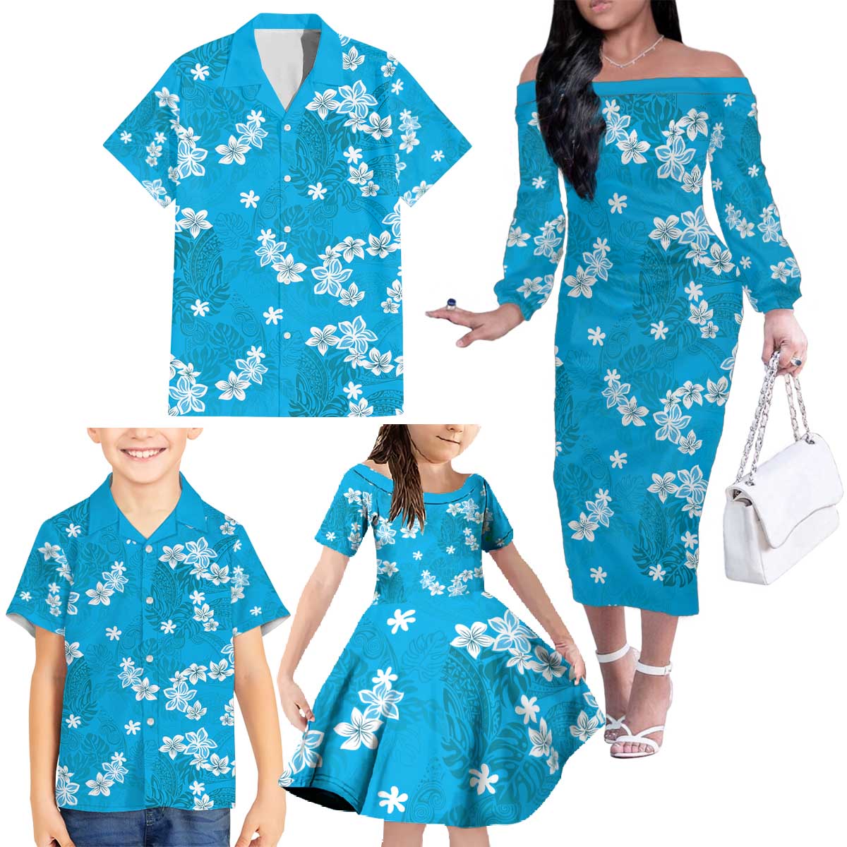 Hawaii Monstera Deliciosa Family Matching Off The Shoulder Long Sleeve Dress and Hawaiian Shirt Blue Plumeria Polynesian Pattern LT05 - Polynesian Pride