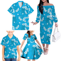 Hawaii Monstera Deliciosa Family Matching Off The Shoulder Long Sleeve Dress and Hawaiian Shirt Blue Plumeria Polynesian Pattern LT05 - Polynesian Pride
