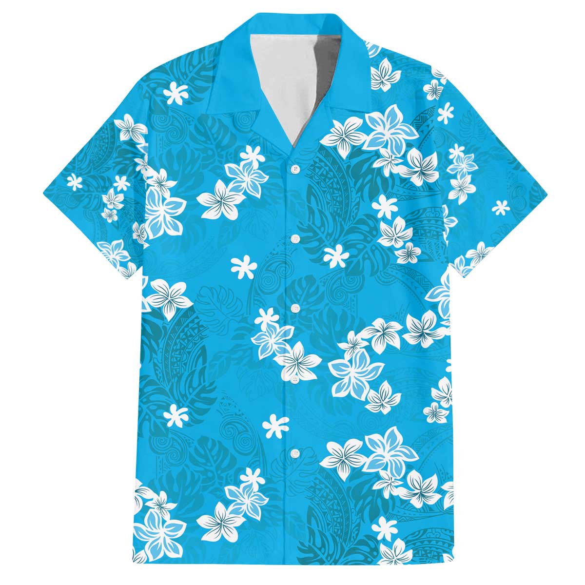 Hawaii Monstera Deliciosa Family Matching Off The Shoulder Long Sleeve Dress and Hawaiian Shirt Blue Plumeria Polynesian Pattern LT05 Dad's Shirt - Short Sleeve Blue - Polynesian Pride