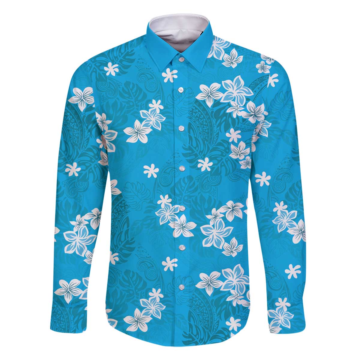 Hawaii Monstera Deliciosa Family Matching Off The Shoulder Long Sleeve Dress and Hawaiian Shirt Blue Plumeria Polynesian Pattern LT05 Dad's Shirt - Long Sleeve Blue - Polynesian Pride