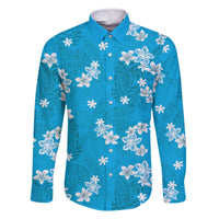 Hawaii Monstera Deliciosa Family Matching Off The Shoulder Long Sleeve Dress and Hawaiian Shirt Blue Plumeria Polynesian Pattern LT05 Dad's Shirt - Long Sleeve Blue - Polynesian Pride
