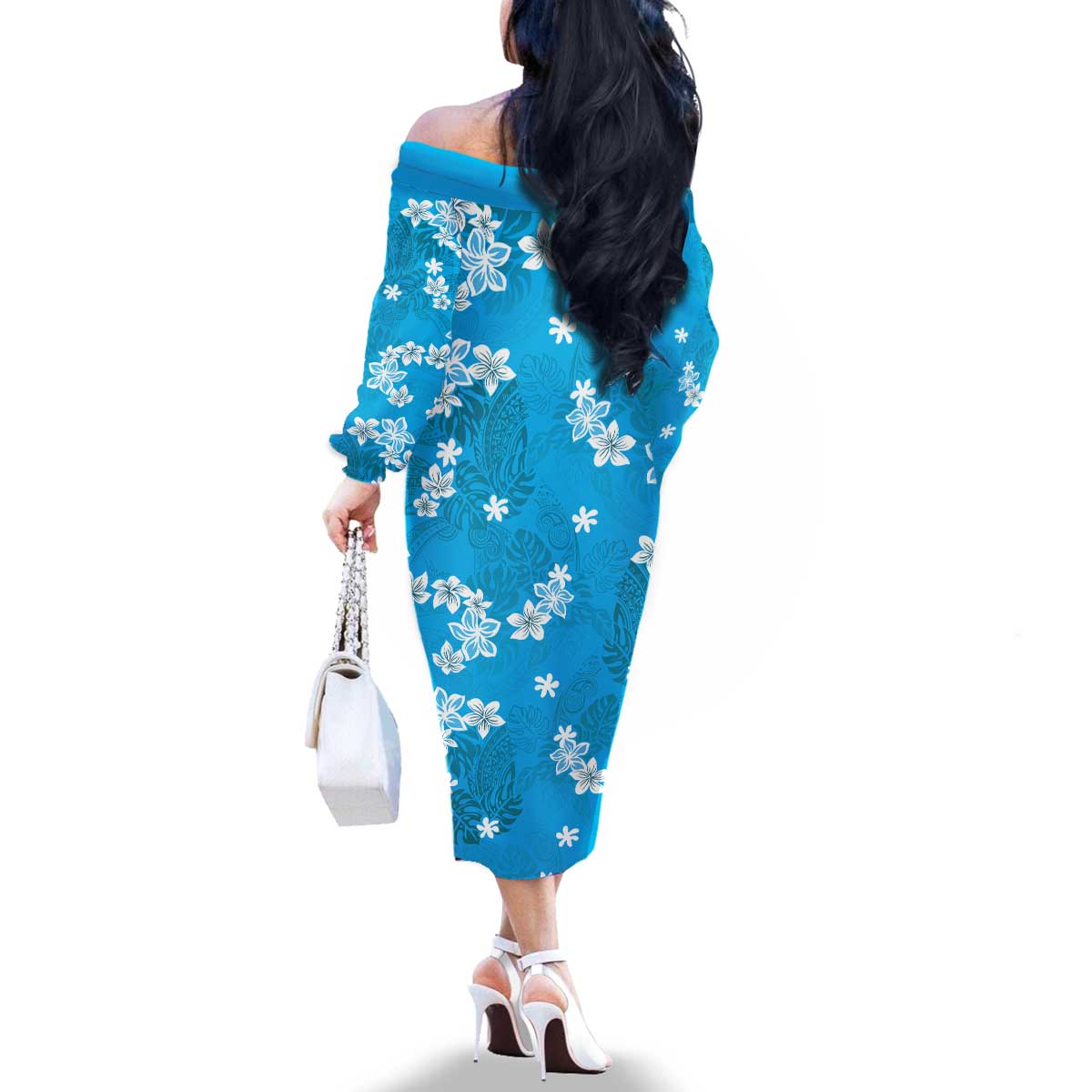 Hawaii Monstera Deliciosa Family Matching Off The Shoulder Long Sleeve Dress and Hawaiian Shirt Blue Plumeria Polynesian Pattern LT05 - Polynesian Pride