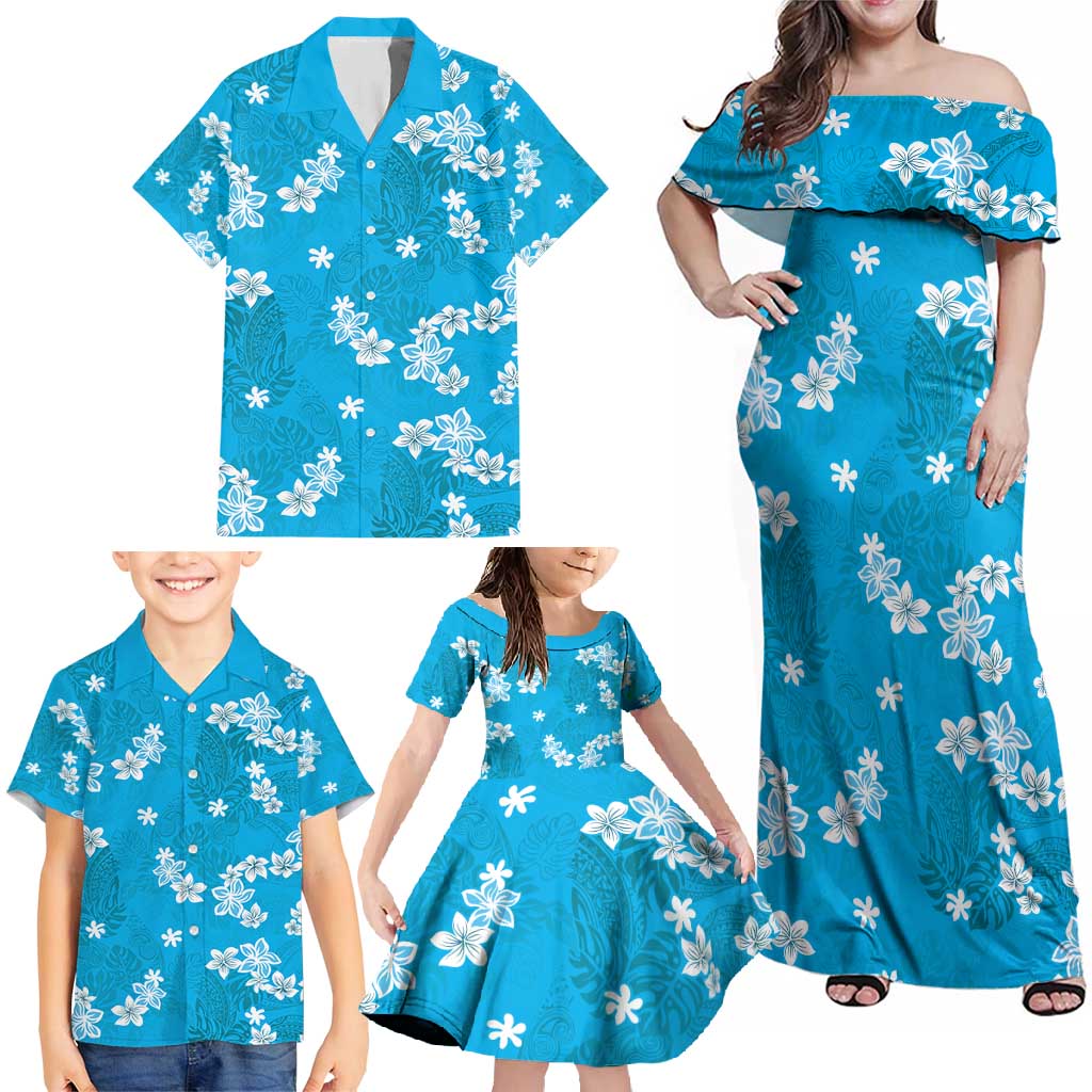 Hawaii Monstera Deliciosa Family Matching Off Shoulder Maxi Dress and Hawaiian Shirt Blue Plumeria Polynesian Pattern LT05 - Polynesian Pride